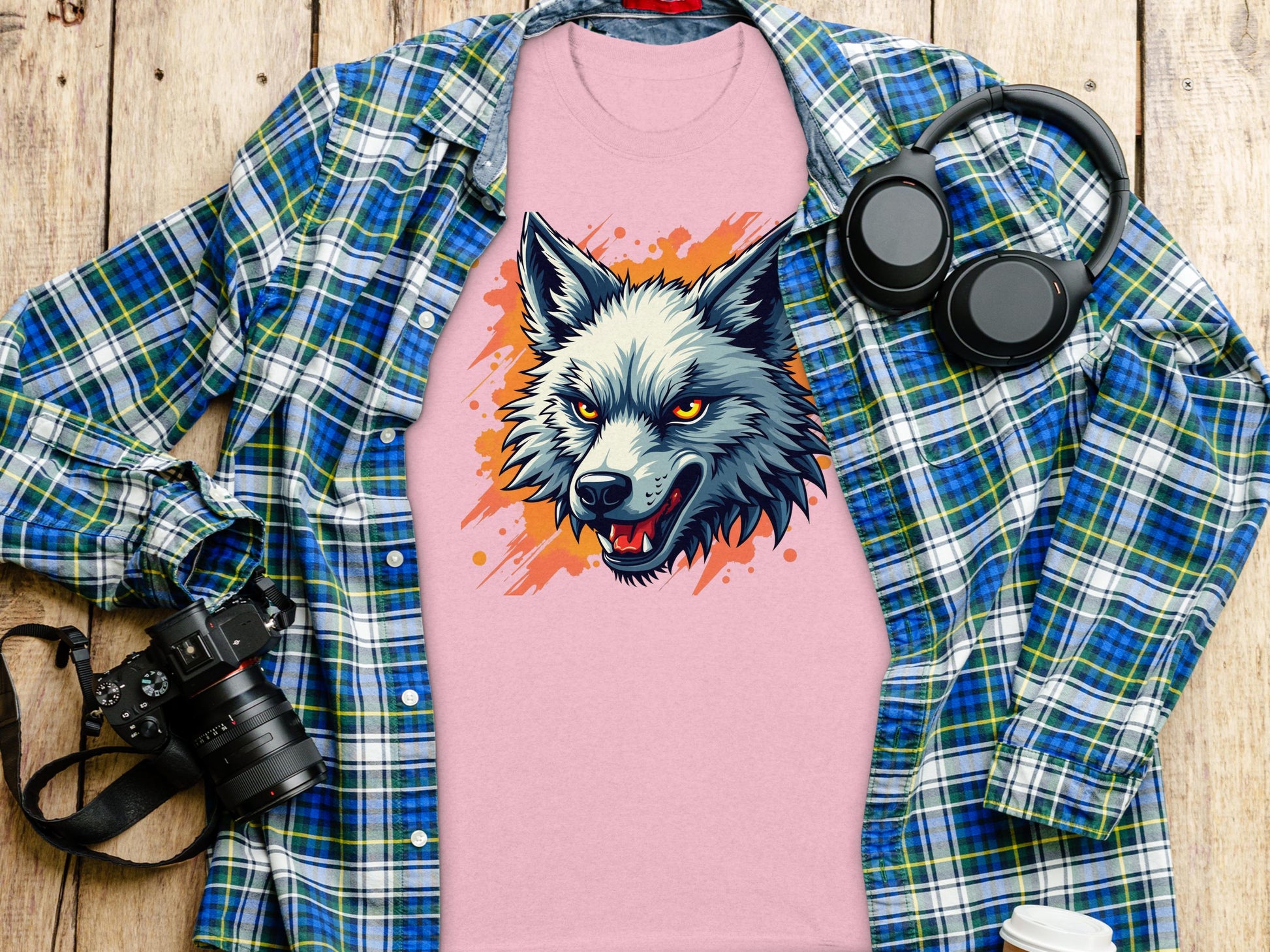 A stylish pink T-shirt by Garment Graphics features a striking wolf graphic laid out on a wooden surface, partially covered by a blue and green checkered shirt. Nearby are a black camera, headphones, and a white bottle, exuding fearless personality.