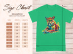 A green t-shirt with vibrant artwork of a colorful roaring cougar by Garment Graphics features a size chart on the left side for Gildan 5000 heavy cotton graphic print T-Shirts, offering sizes S to 5XL with measurements in inches, ranging from 18x28 to 34x35.