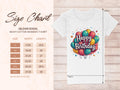 A size chart features dimensions for sizes S to 3XL. The white 100% cotton Garment Graphics t-shirt displays colorful balloons and Happy Birthday text, ideal for celebrations, with measurements indicating shirt width and length.