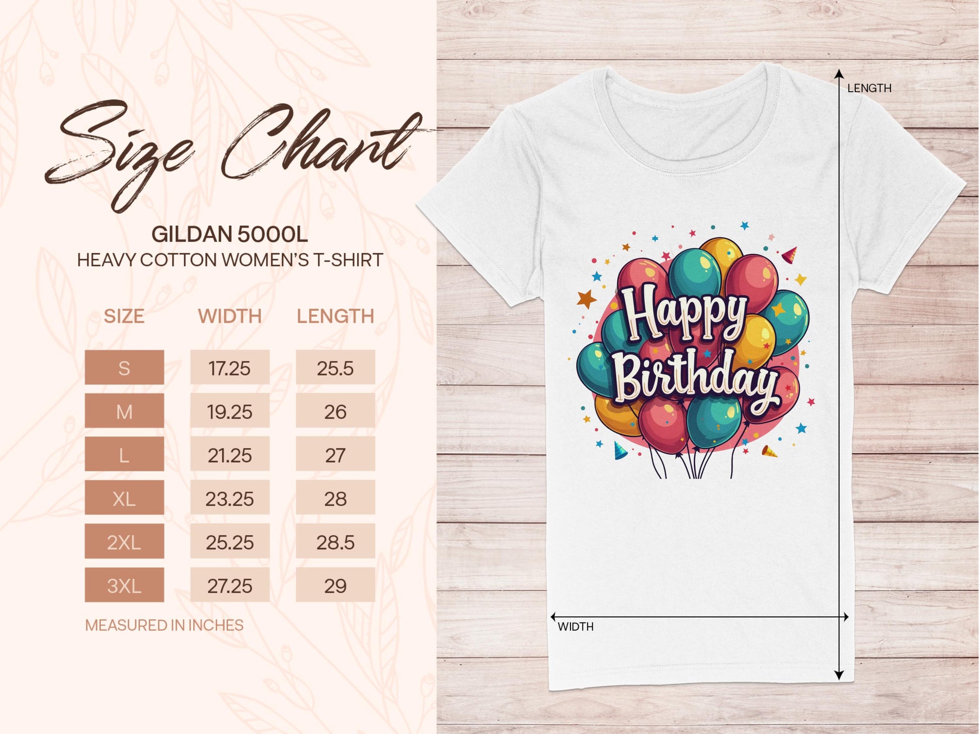 A size chart features dimensions for sizes S to 3XL. The white 100% cotton Garment Graphics t-shirt displays colorful balloons and Happy Birthday text, ideal for celebrations, with measurements indicating shirt width and length.