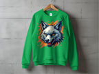 Displayed against a concrete wall, Garment Graphics green sweatshirt features a wolf face with an open mouth, surrounded by vibrant orange graffiti splashes. This edgy piece is sure to capture attention and enhance any wardrobe.