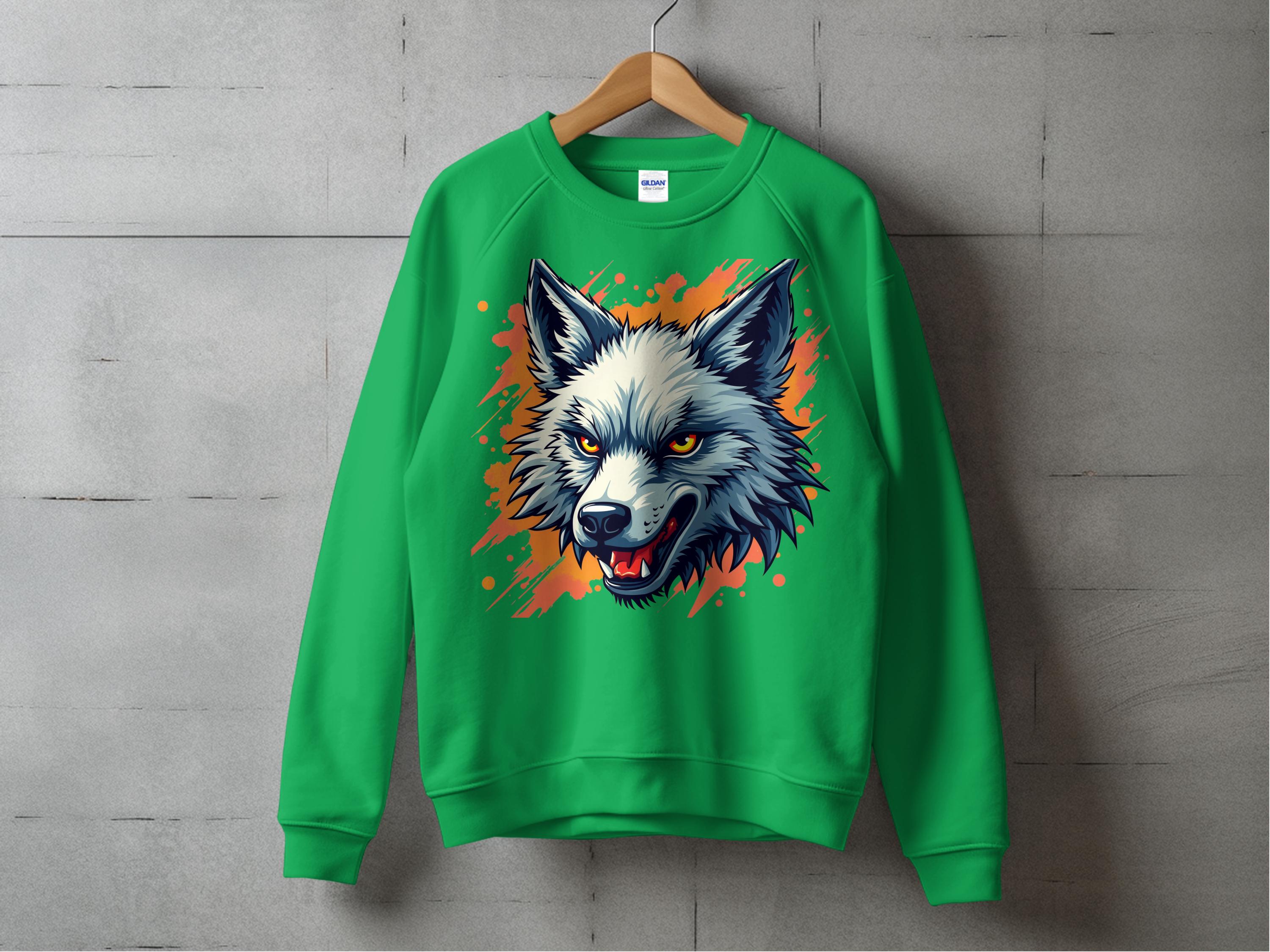 Displayed against a concrete wall, Garment Graphics green sweatshirt features a wolf face with an open mouth, surrounded by vibrant orange graffiti splashes. This edgy piece is sure to capture attention and enhance any wardrobe.