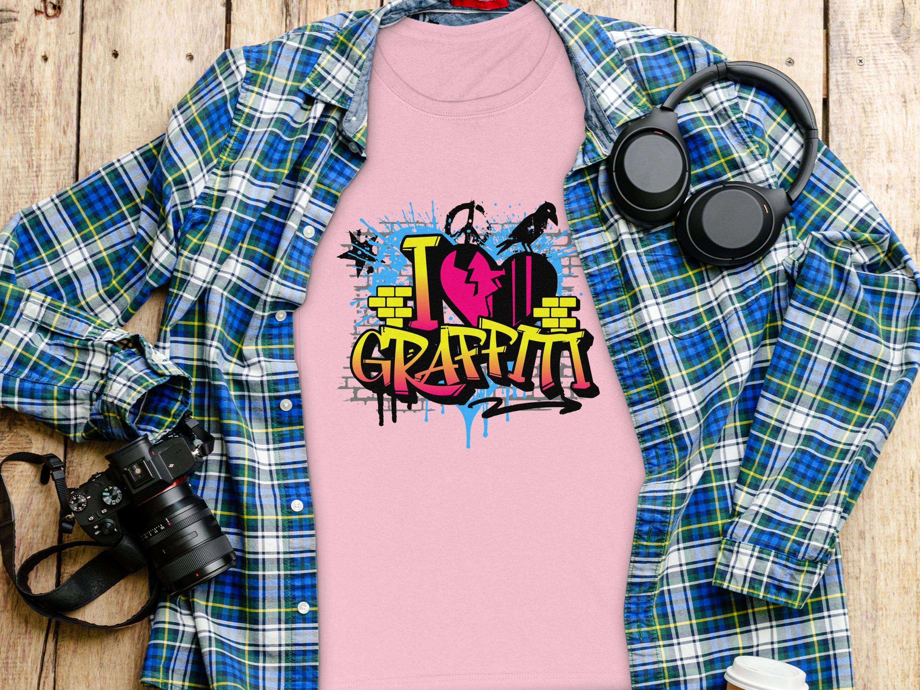 A flat lay showcases a pink T-shirt by Garment Graphics with an I Love Graffiti design, paired with an urban blue plaid shirt. Nearby items like a camera, headphones, and a white bottle rest on wood, capturing the street art vibe.