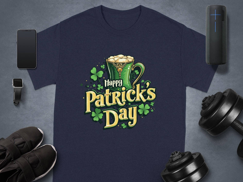 Garment Graphics navy statement St. Patricks Day t-shirt features a green mug, shamrocks, and Happy Patricks Day, artistically framed by a smartphone, watch, shoes, speaker, and dumbbells on a sleek gray background.