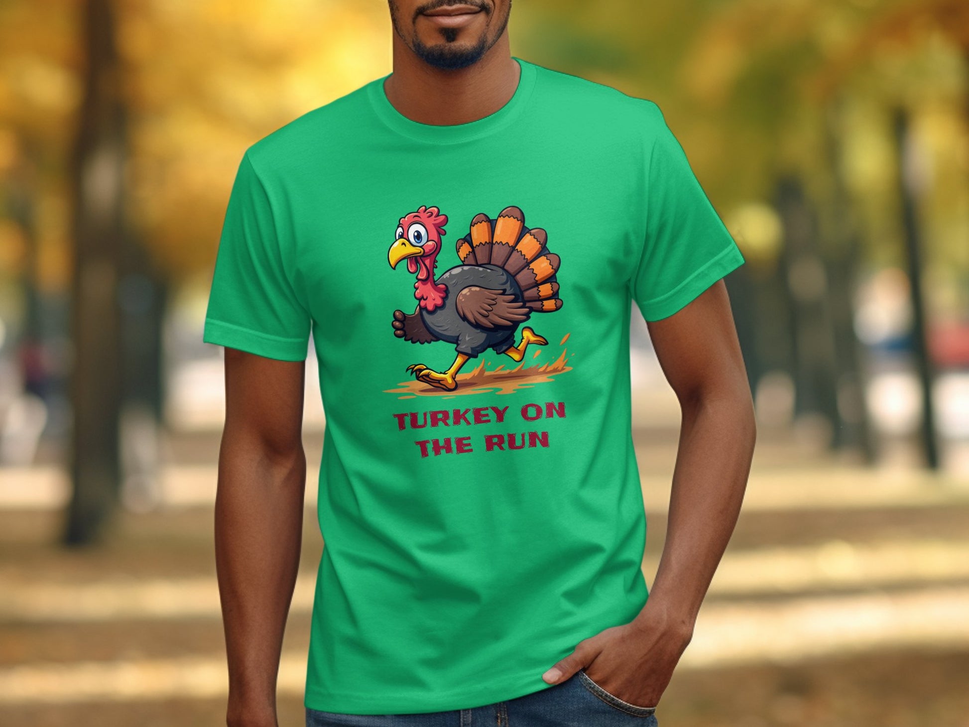 A person in a bright green Garment Graphics T-Shirt with a funny turkey cartoon and TURKEY ON THE RUN text stands out against a park backdrop with trees and pathways.