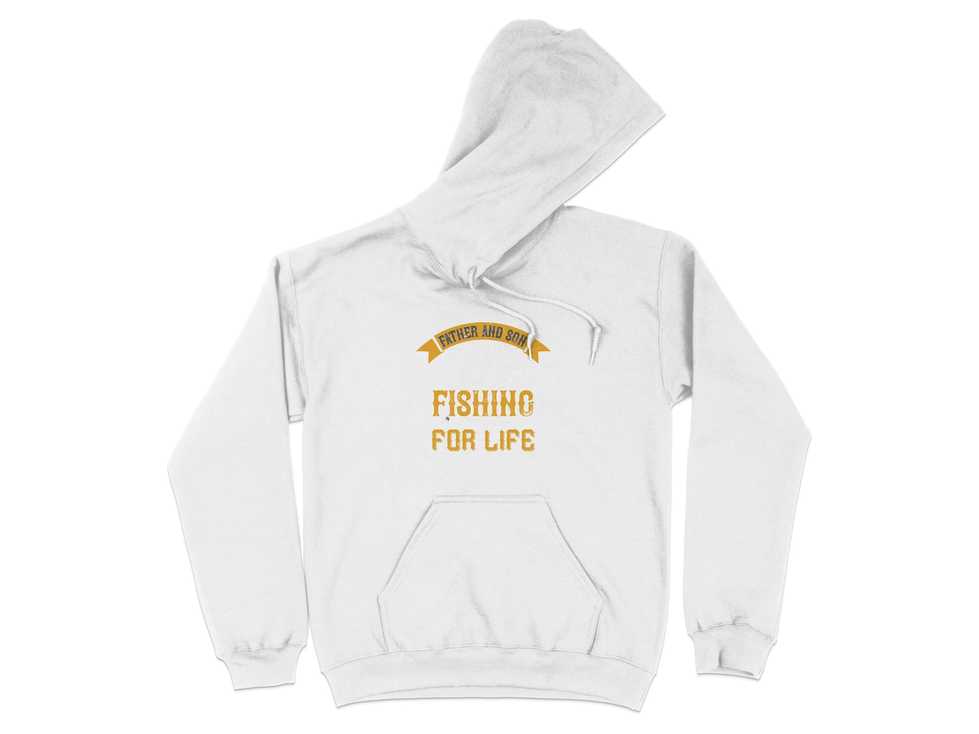 Garment Graphics offers a white fishing hoodie for enthusiasts, featuring Father and Son Fishing for Life in vibrant yellow. It includes a kangaroo pocket and drawstring hood, celebrating the timeless bond of angling adventures.