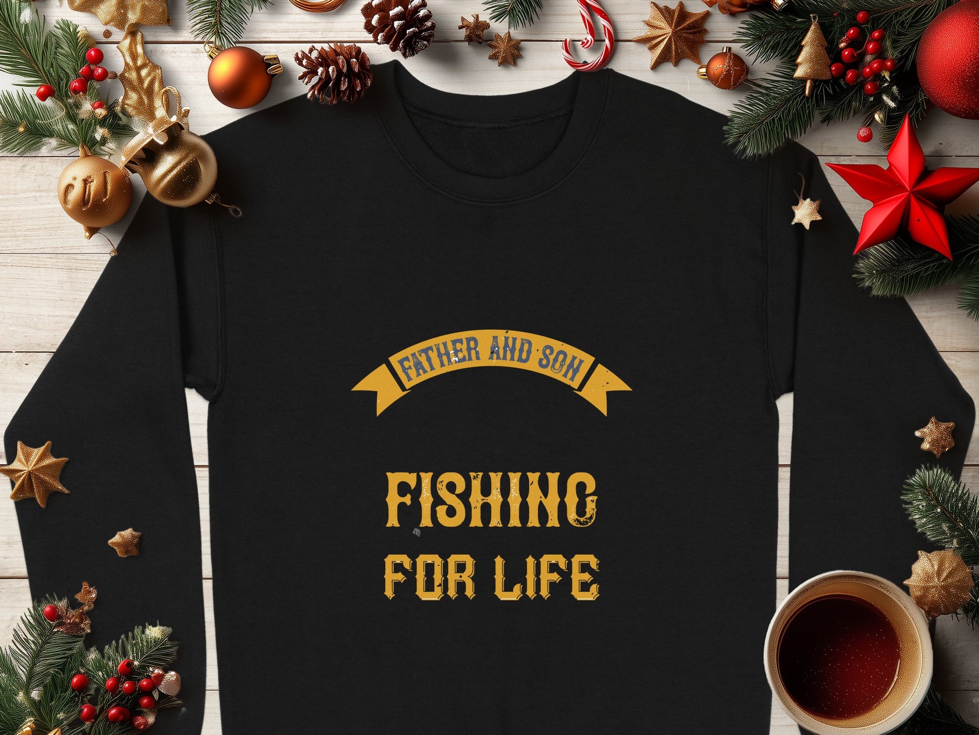 A black Garment Graphics sweatshirt with Father and Son Fishing for Life in bold yellow print is on a wooden surface, surrounded by holiday decor. A steaming coffee cup sits at the bottom right, enhancing the cozy scene.