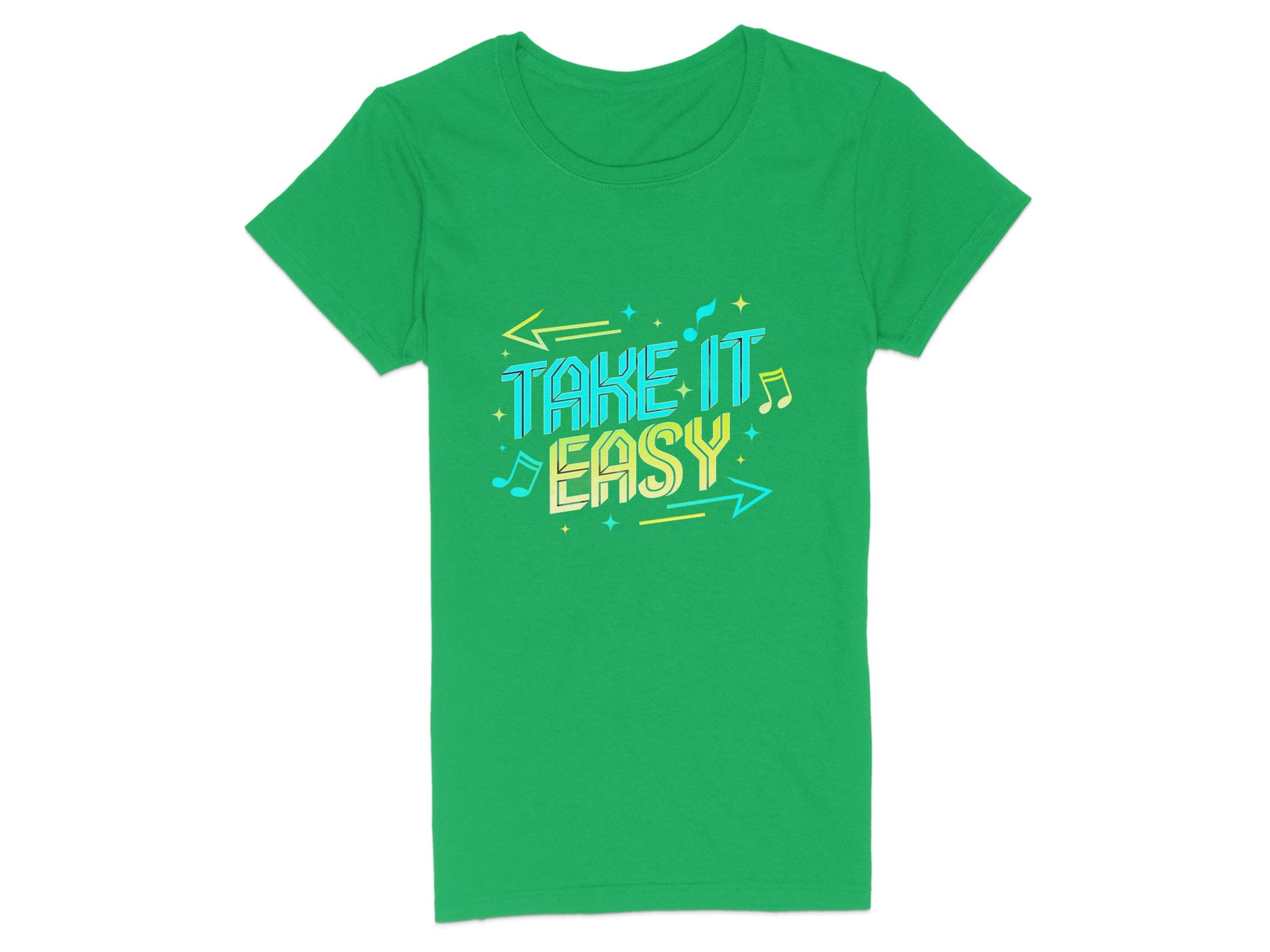 Garment Graphics’ green Take It Easy T-shirt features bold, stylized text surrounded by vibrant blue and yellow musical notes and arrows, showcasing a lively and stylish design.