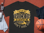 A black Garment Graphics T-shirt with the humorous quote If hes got golf clubs in his truck or a camper in his driveway, I dont hire him in yellow and gray sits on a red surface, surrounded by a basketball, water bottle, and towel—an ideal gift.