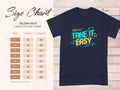 A Garment Graphics size chart for a Gildan 5000 heavy cotton T-shirt is shown next to an image of a navy Take It Easy tee with vibrant musical notes and arrows. Sizes S to 5XL are listed with their respective width and length measurements.
