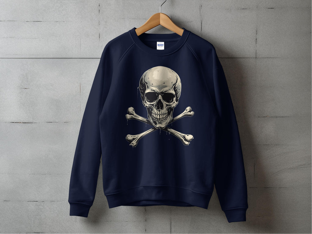 A bold, edgy navy sweatshirt featuring a skull and crossbones graphic from Garment Graphics hangs on a wooden hanger against a concrete wall.