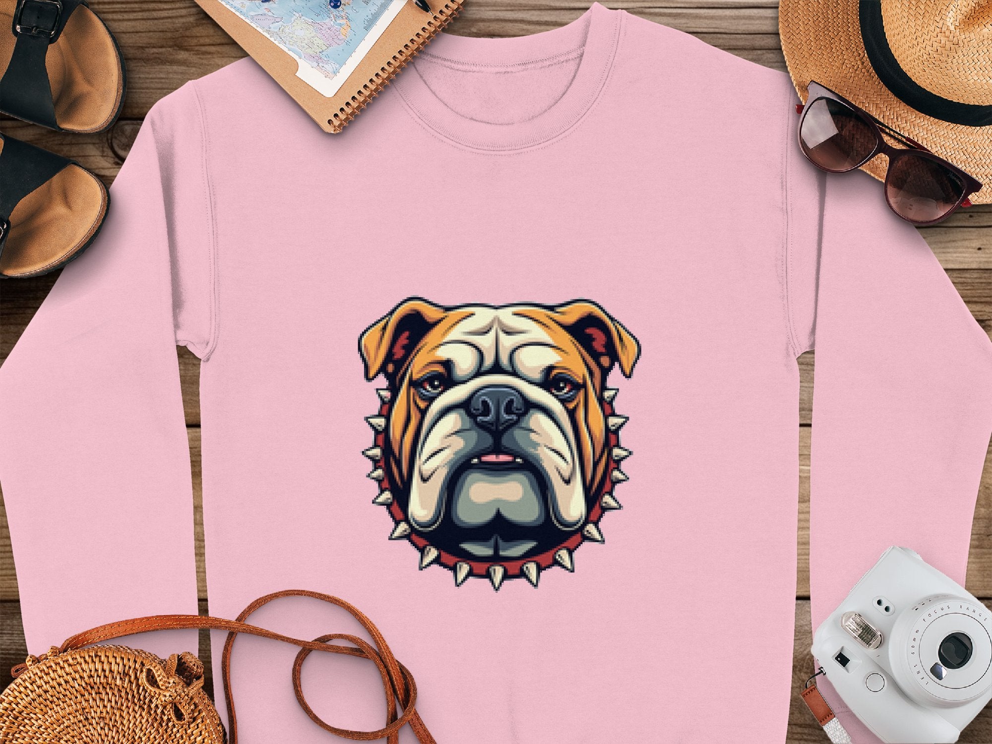 A Garment Graphics pink sweatshirt with a bulldog and spiked collar design is on a wooden surface, surrounded by a notebook, sandals, sun hat with sunglasses, camera, and brown bag strap. This stylish unisex piece suits everyone.
