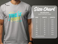 The image features a person wearing a Garment Graphics gray Take It Easy T-shirt with neon lettering and musical notes. Beside it is the Gildan 5000 heavy cotton size chart, showing sizes S to 5XL with their respective width and length in inches.