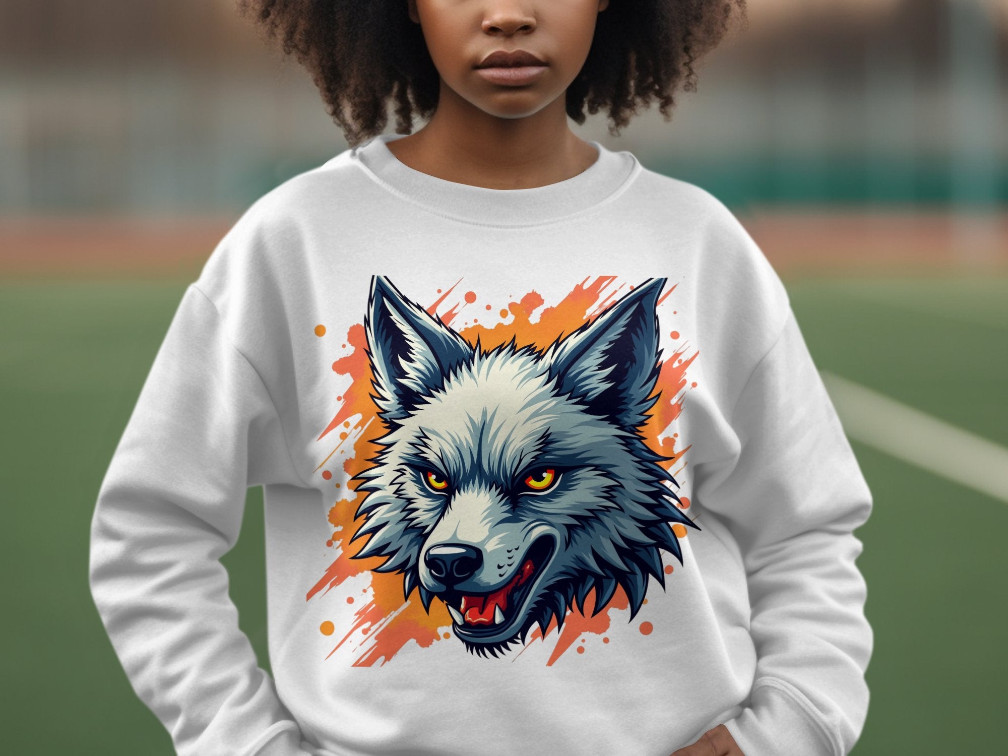 A person sports a Garment Graphics wolf graphic sweatshirt, making a bold statement with detailed blue and orange accents. The wolfs head captures your wild side against a softly blurred outdoor background.