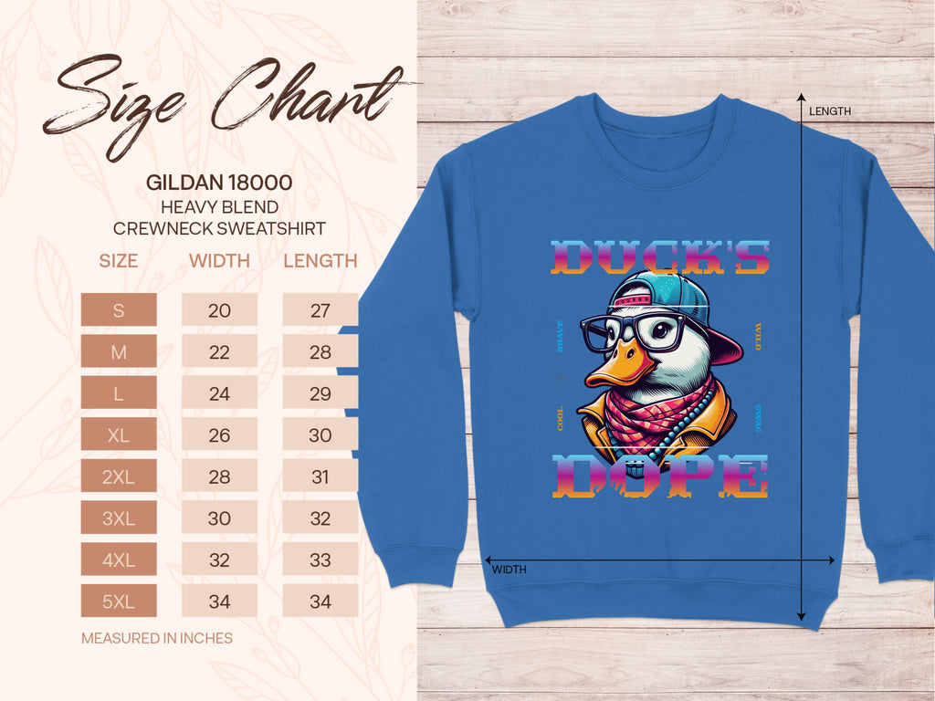 A size chart for Garment Graphics Gildan 18000 crewneck sweatshirts (unisex sizing) sits beside a blue sweatshirt with a cartoon duck in a hat and checkered scarf, labeled Ducks Dope. The cool swag sweatshirts, made from medium-heavy fabric, are available in sizes S to 5XL.