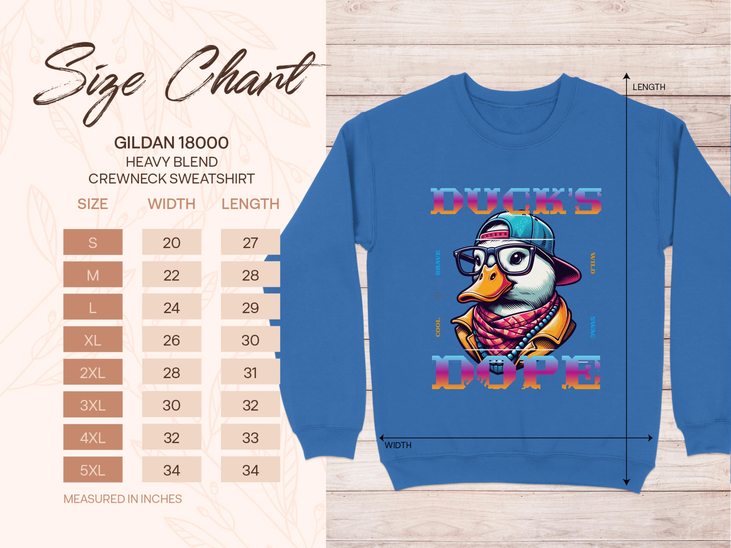 A size chart for Garment Graphics Gildan 18000 crewneck sweatshirts (unisex sizing) sits beside a blue sweatshirt with a cartoon duck in a hat and checkered scarf, labeled Ducks Dope. The cool swag sweatshirts, made from medium-heavy fabric, are available in sizes S to 5XL.