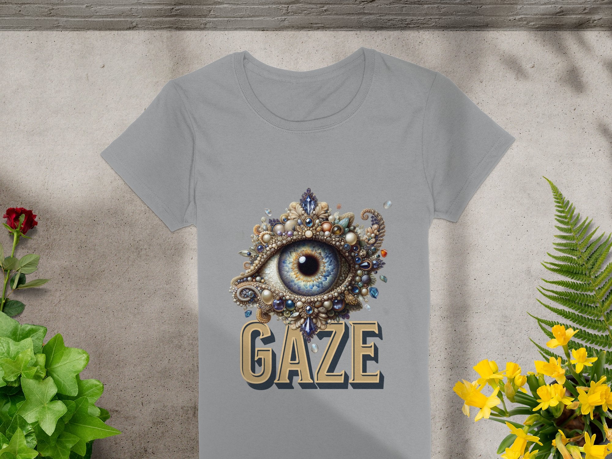 Garment Graphics Gray Gaze T-shirt features a jeweled eye design above the word GAZE and is displayed on concrete with green plants and yellow flowers. Available in womens sizes, it adds an artistic touch to your wardrobe.