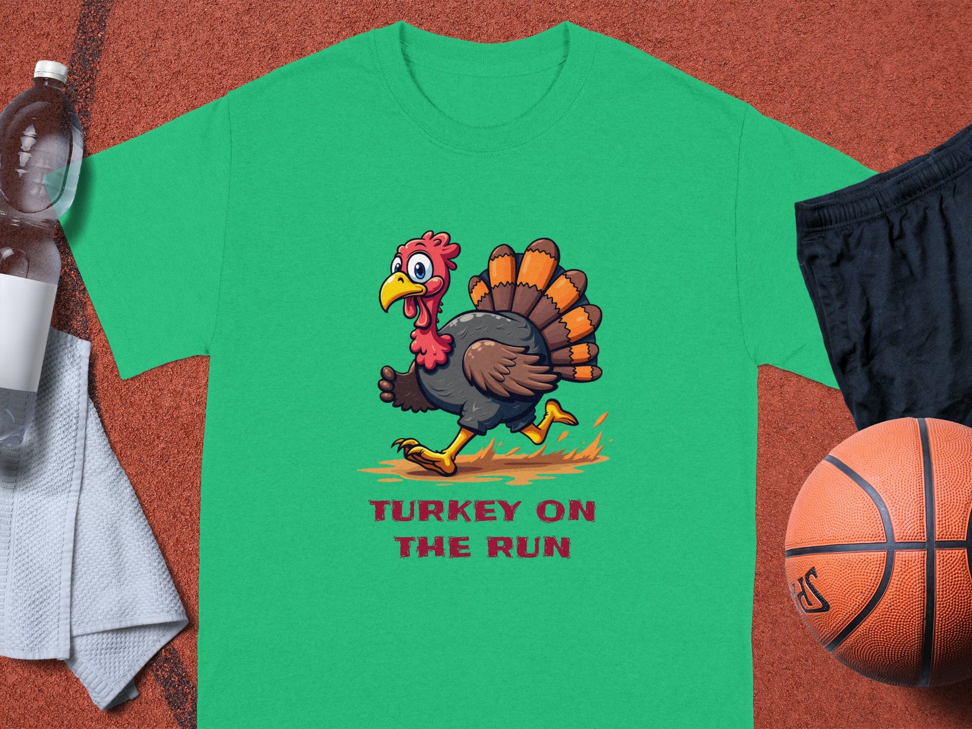 This Garment Graphics classic fit green t-shirt features a humorous turkey running and the phrase TURKEY ON THE RUN below. Perfect for sports enthusiasts, it’s displayed with a water bottle, white towel, black shorts, and a basketball on the sports surface.