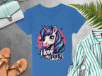 Unicorn lovers will adore this vibrant I Love My Pony T-shirt by Garment Graphics, featuring a colorful unicorn graphic. Styled with chic accessories like sandals, a silver watch, a purse, and a green-striped shirt on gray with a natural touch from the fern leaf.