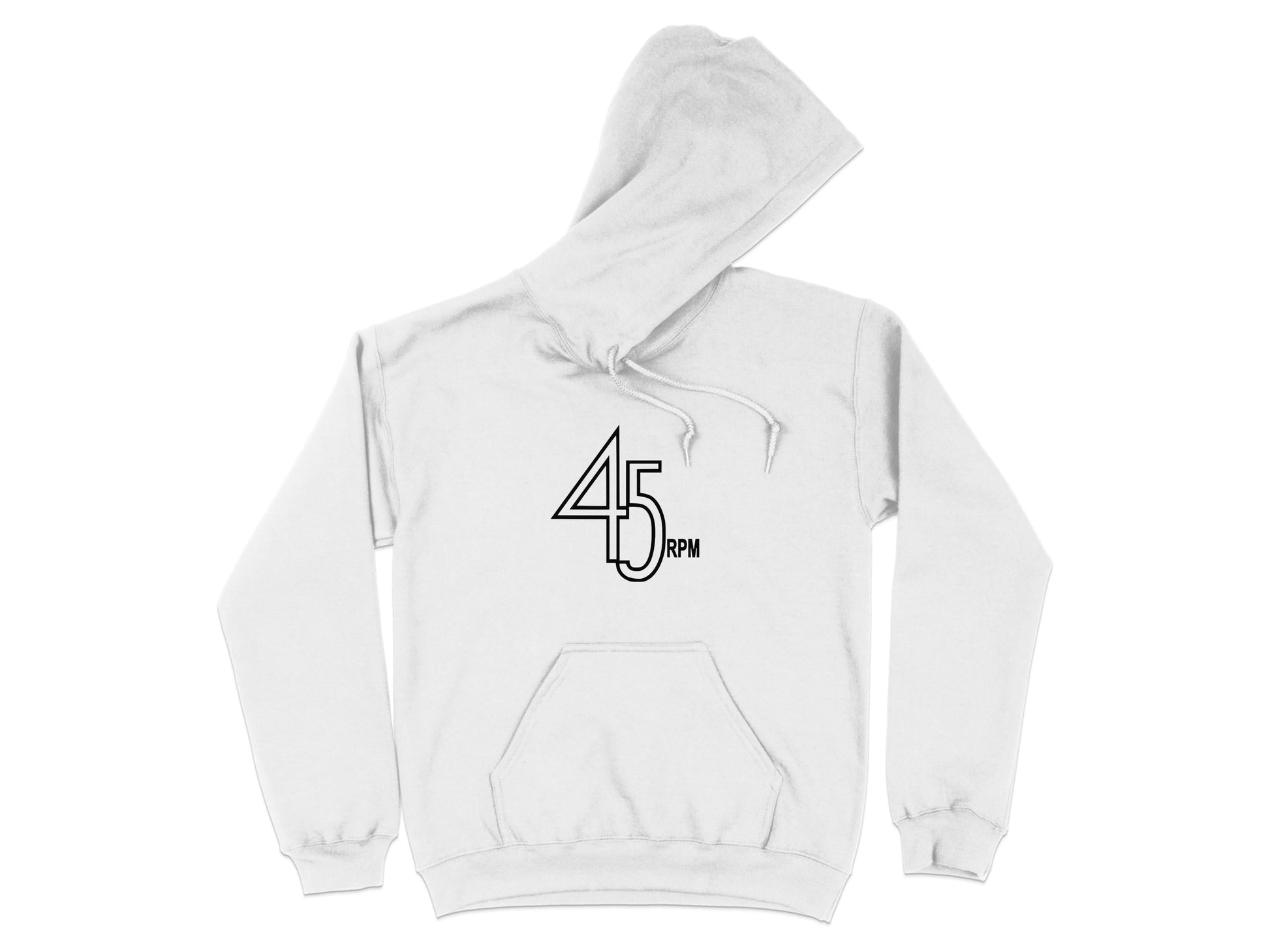 Garment Graphics presents the Retro Music Hoodie: a white hoodie with a front pocket and hood, featuring a black 45 RPM logo on the chest. This minimalist design is ideal for vinyl enthusiasts seeking stylish graphic hoodies.