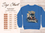 Blue sweatshirt by Garment Graphics displays a truck graphic with Keep on Trucking, ideal for road enthusiasts. A size chart for the Gildan 18000 Heavy Blend Crewneck Sweatshirt details sizes with width and length in inches.