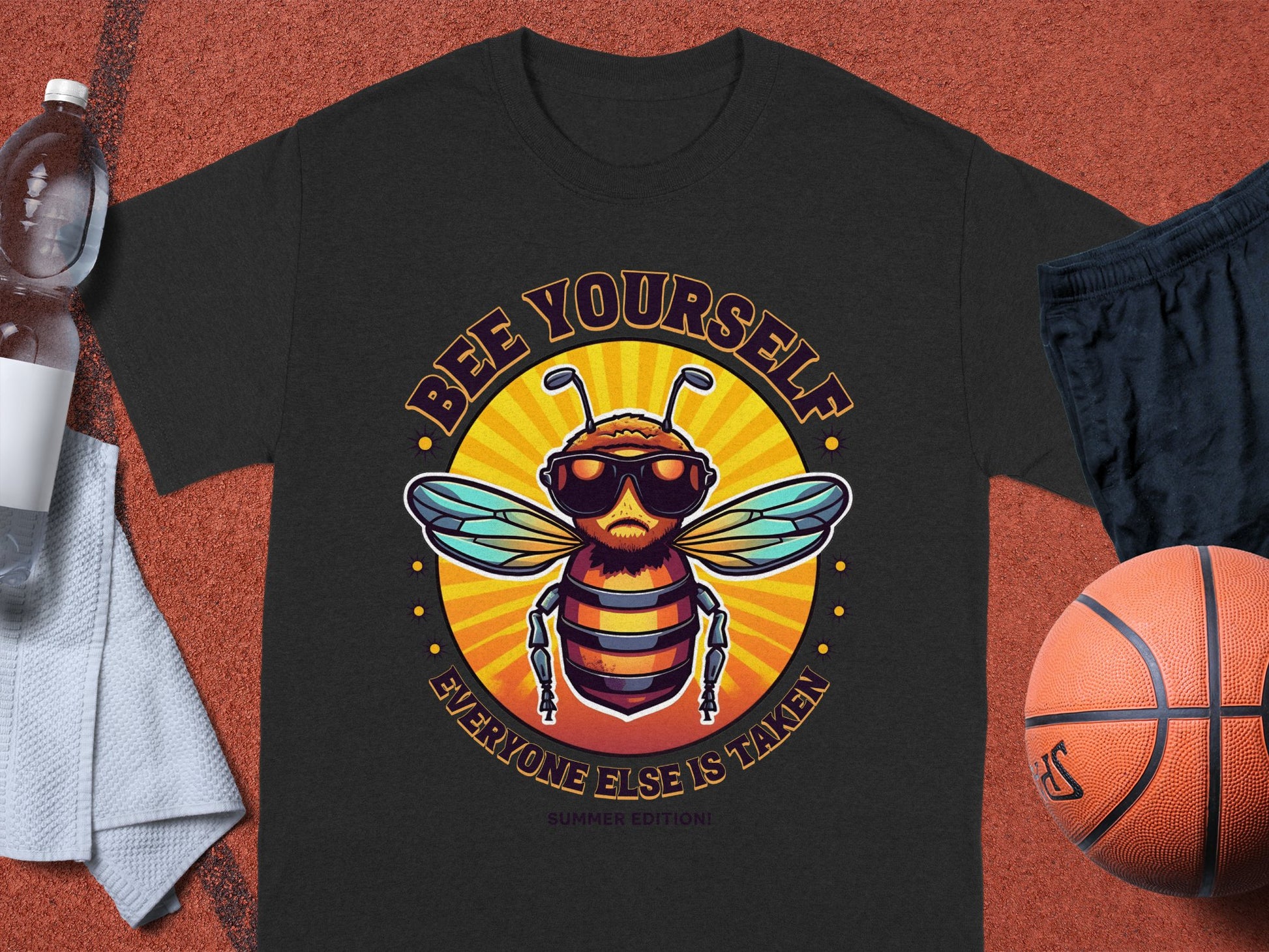 The Garment Graphics T-shirt showcases a bee in sunglasses and scarf with radiant rays, captioned Bee Yourself, Everyone Else Is Taken, Summer Edition. Available in family sizes, its presented on a court alongside a white towel, water bottle, and basketball.