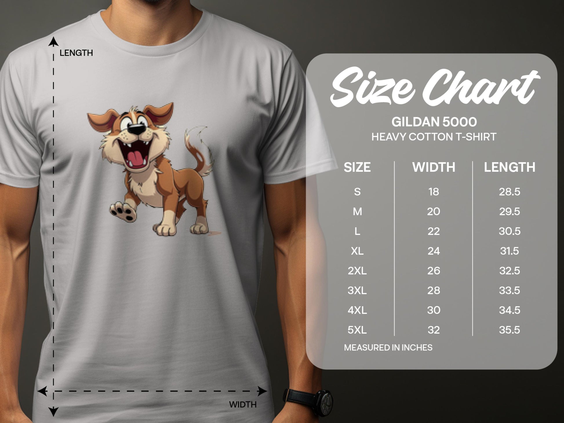 Wearing a Garment Graphics white T-shirt ideal for dog enthusiasts, showcasing a cartoon dog. Beside them is the size chart for Gildan 5000 heavy cotton T-shirts, detailing sizes S to 5XL with widths and lengths in inches.