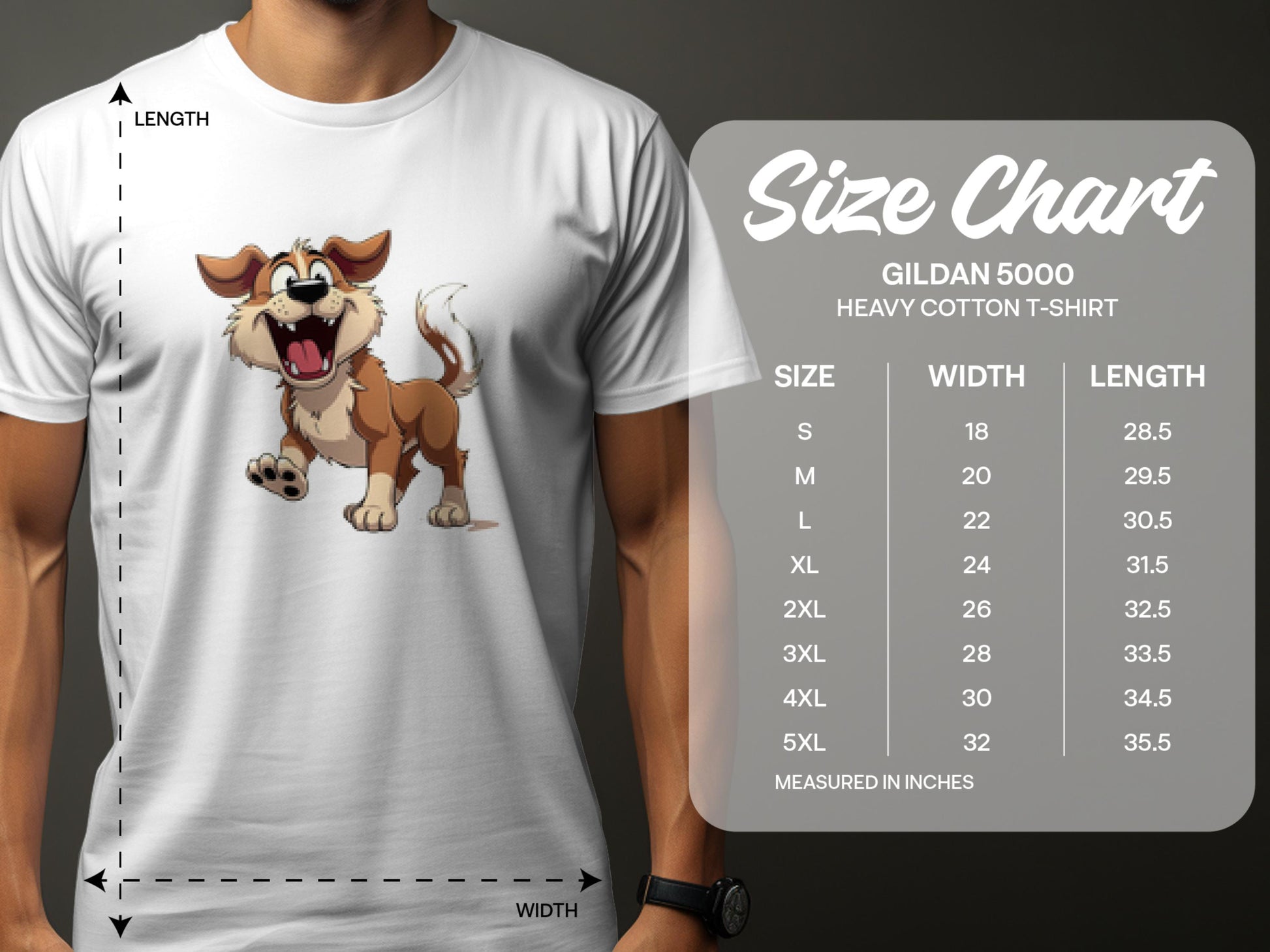 A man in a white T-shirt featuring a cartoon dog illustration stands by the Garment Graphics Heavy Cotton Size Chart, detailing sizes S to 5XL with corresponding width and length in inches—ideal for dog lovers.