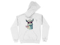 The Garment Graphics llama hoodie features a classic fit with a smiling llama illustration wearing funny sunglasses, next to the text No Prob-Llama. Its white and laid flat with its hood up and sleeves slightly bent inward.