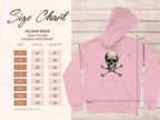 Pink Skull and Crossbones Graphic Comfort Boys Hoodie by Garment Graphics with size chart for Gildan 18500 heavy blend hooded sweatshirt.
