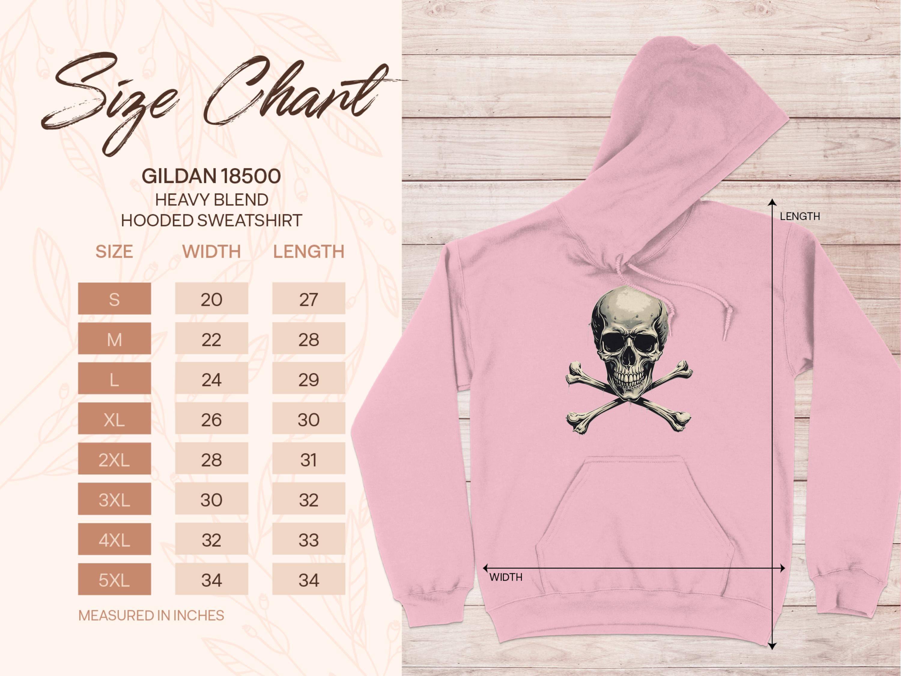 Pink Skull and Crossbones Graphic Comfort Boys Hoodie by Garment Graphics with size chart for Gildan 18500 heavy blend hooded sweatshirt.