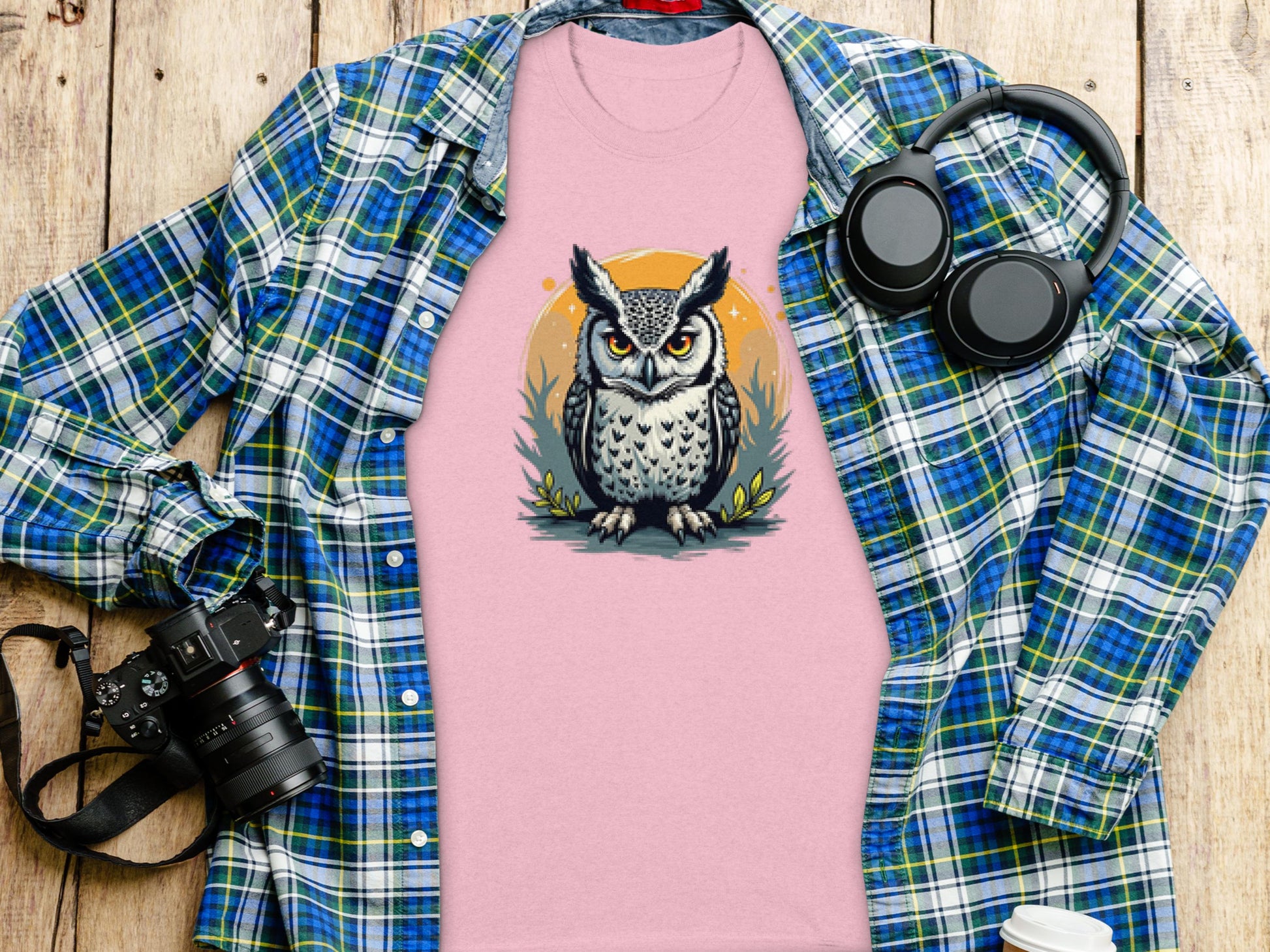A pink Garment Graphics owl graphic T-shirt adds artistic flair beneath a blue and green plaid shirt on a wooden surface, adjacent to black headphones, a camera, and a white bottle.