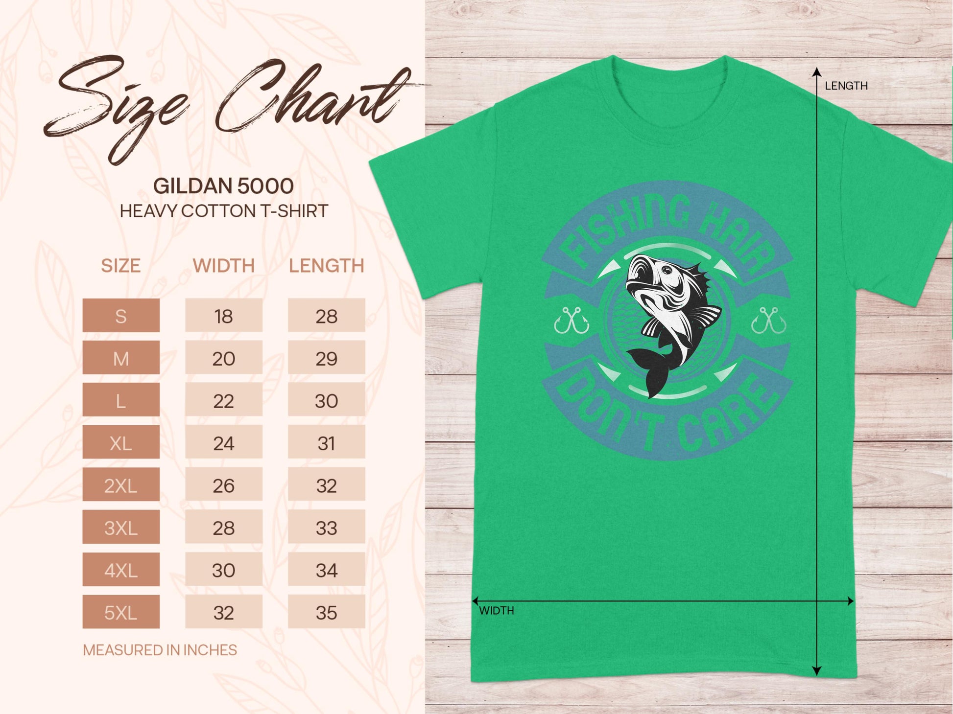 This green graphic tee by Garment Graphics features Fishin Hard Dont Care text and a fish graphic. Available in sizes S to 5XL, with detailed measurements on the size chart to the left.