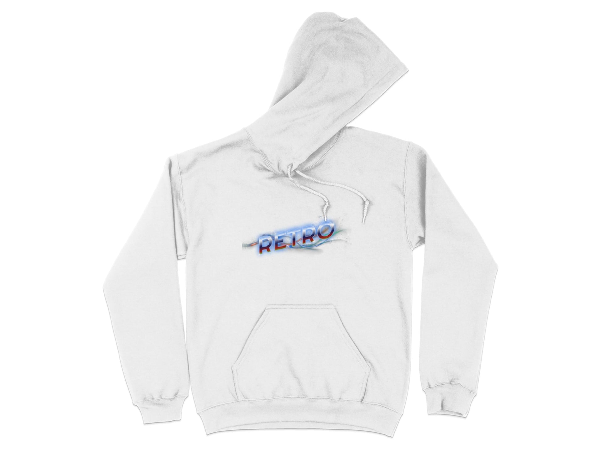 Garment Graphics white hoodie features a front pocket, adjustable hood, and the word Retro in a colorful, distorted font on the chest for a modern trendy look. The Retro 3D Graphic Hoodie boasts vivid colors with a vintage aesthetic.