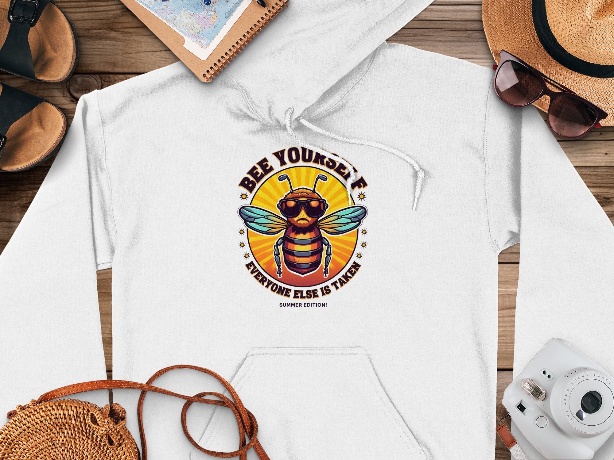 A white Bee Yourself Hoodie by Garment Graphics rests on a wooden surface, featuring a bee with sunglasses and the text Everyone Else is Taken, Summer Edition. Nearby are sandals, a hat, trendy sunglasses, a map-themed notebook, and a camera—ideal for making waves this summer.