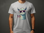Someone is wearing a Garment Graphics gray T-shirt featuring a funny llama graphic with red sunglasses and No Prob-Llama text. The short sleeves and dark background enhance its quirky, eye-catching style.