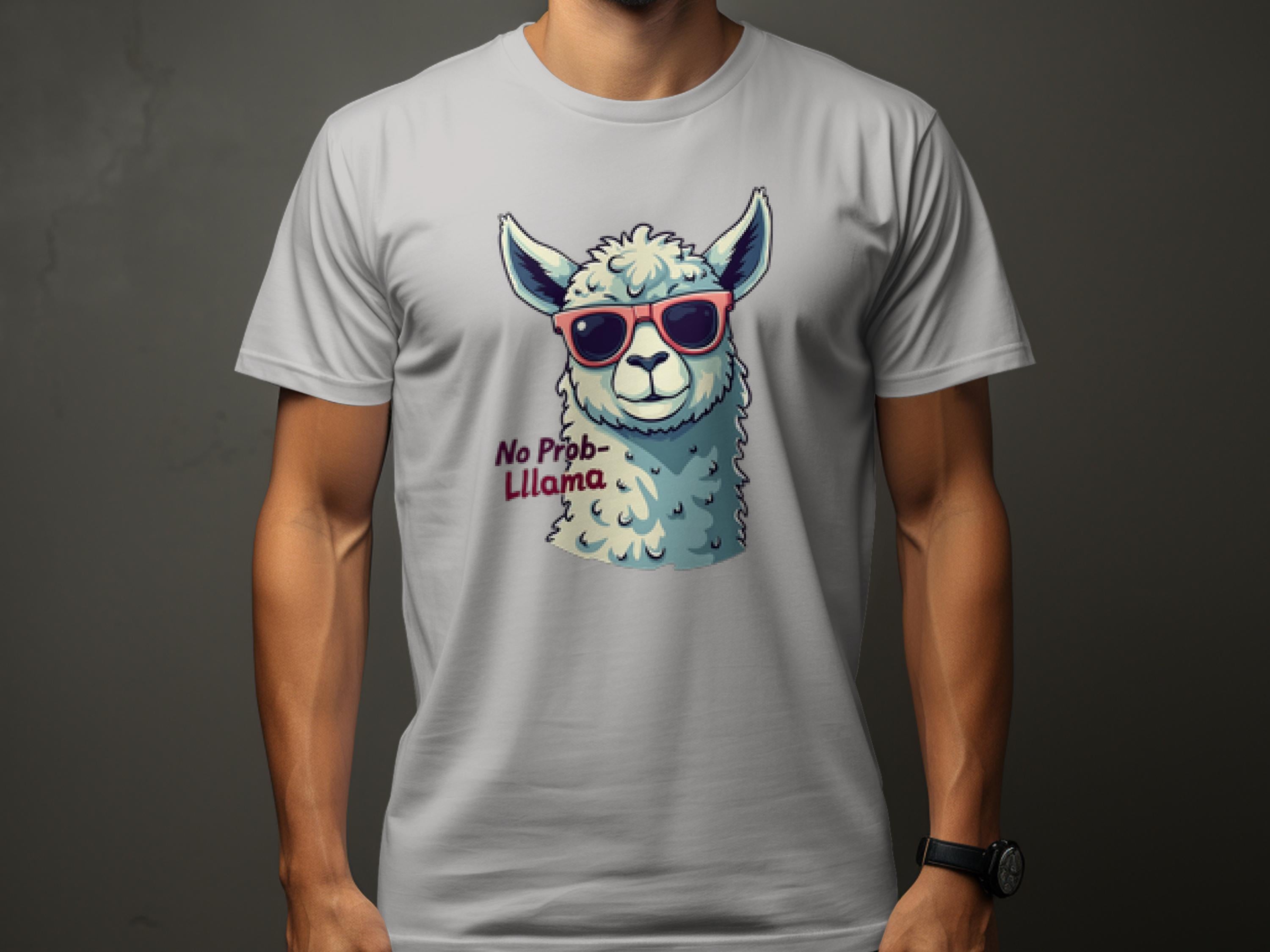 Someone is wearing a Garment Graphics gray T-shirt featuring a funny llama graphic with red sunglasses and No Prob-Llama text. The short sleeves and dark background enhance its quirky, eye-catching style.