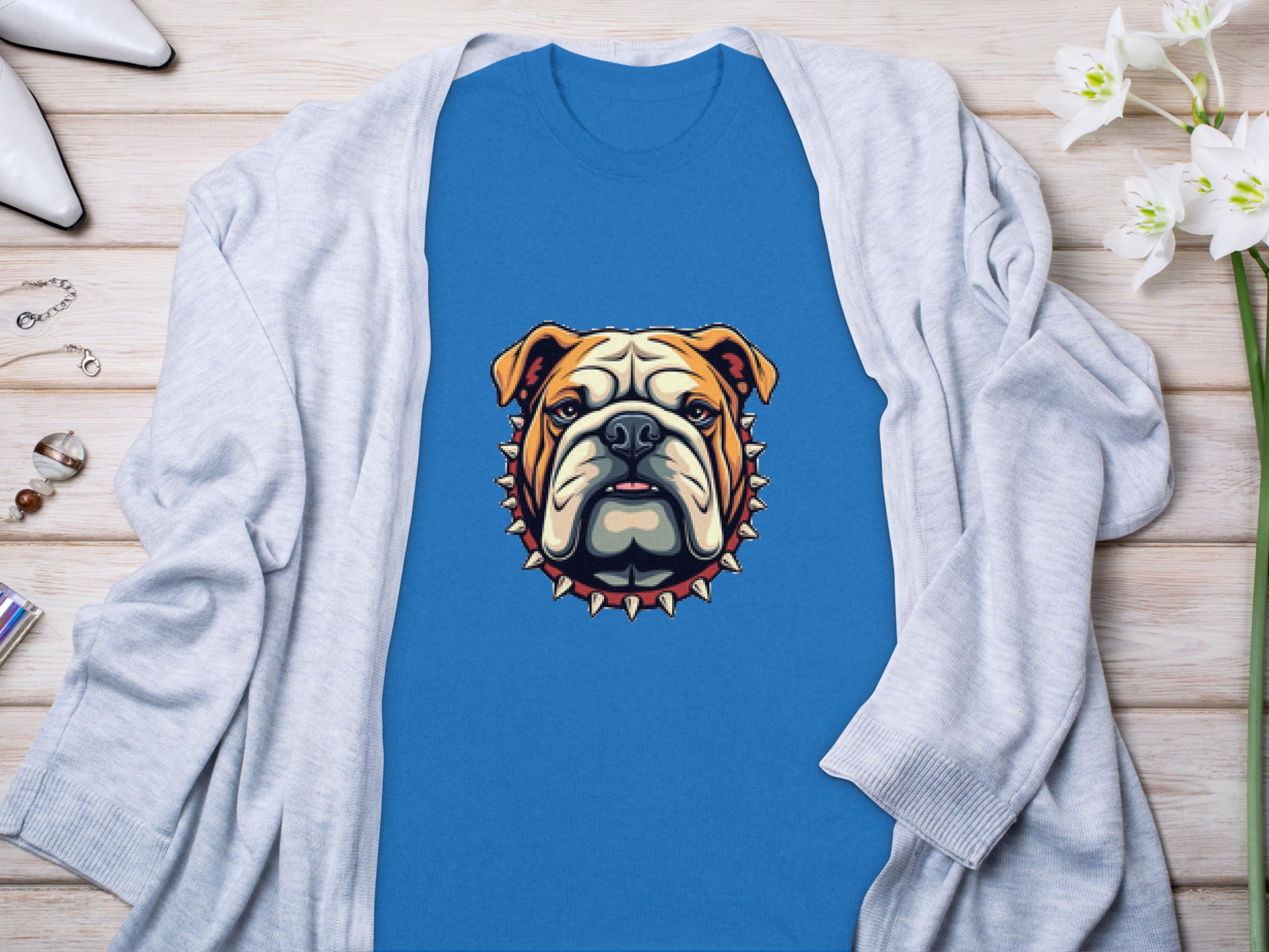 A cool blue Garment Graphics t-shirt featuring a bulldog design with a spiked collar detail is stylishly laid out on a wooden surface. Its complemented by a light gray cardigan, chic white heels, a bracelet, and delicate white flowers—ideal for enhancing any outfit with its bold flair.