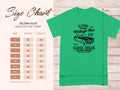 Green t-shirt by Garment Graphics labeled Classic Vintage Car Club with a retro car graphic. Classic fit includes a size chart (S to 5XL) showing width and length in inches against a light wood texture background.