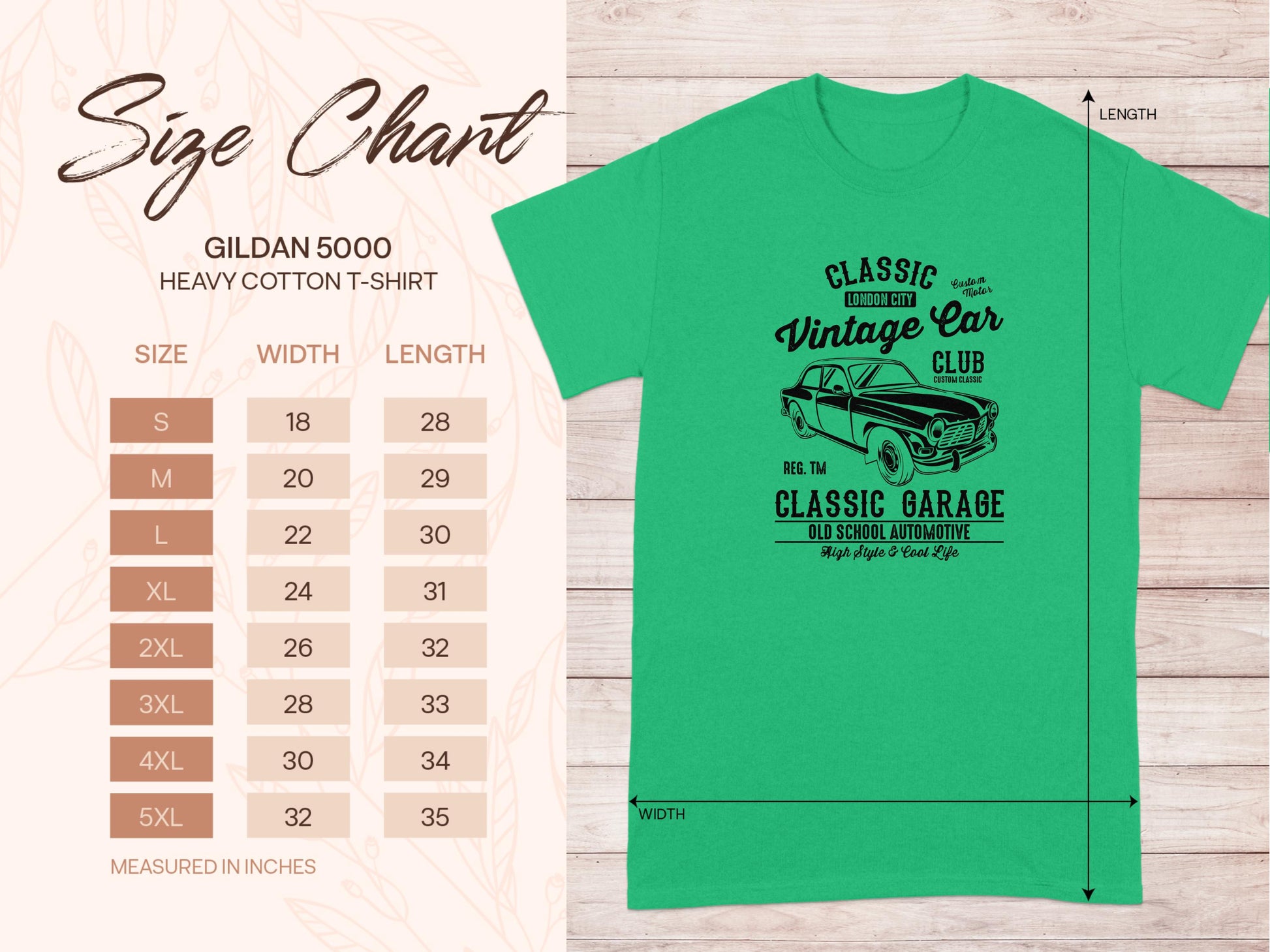 Green t-shirt by Garment Graphics labeled Classic Vintage Car Club with a retro car graphic. Classic fit includes a size chart (S to 5XL) showing width and length in inches against a light wood texture background.