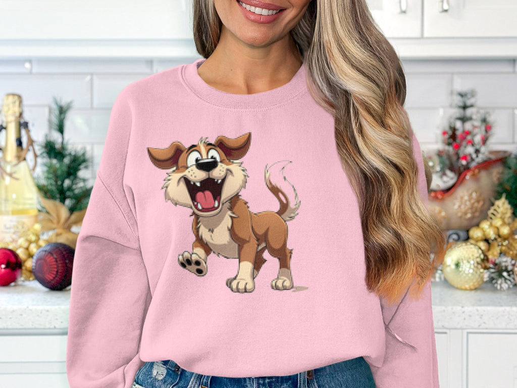 A woman with long hair wears a Garment Graphics pink sweatshirt showcasing a cheerful dog design. Shes in a holiday-themed kitchen, creating a cozy atmosphere for dog enthusiasts.