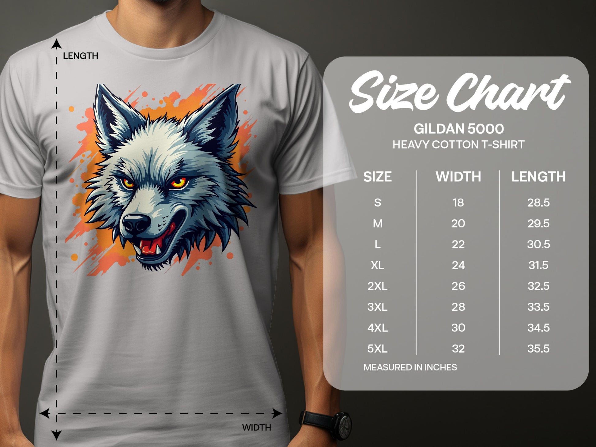 A man dons a light gray Garment Graphics t-shirt featuring a bold wolf design, embodying his fearless spirit. Beside him is a size chart for Gildan 5000 heavy cotton t-shirts, stylishly available in sizes S to 5XL, with width and length measurements in inches.