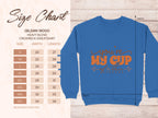 The Garment Graphics cozy sweatshirt features Youre My Cup of Tea in vibrant orange on a blue crewneck. Perfect for tea enthusiasts, it includes a Gildan 18000 size chart with dimensions from S to 5XL, widths of 20-34 inches, and lengths of 26-34 inches.