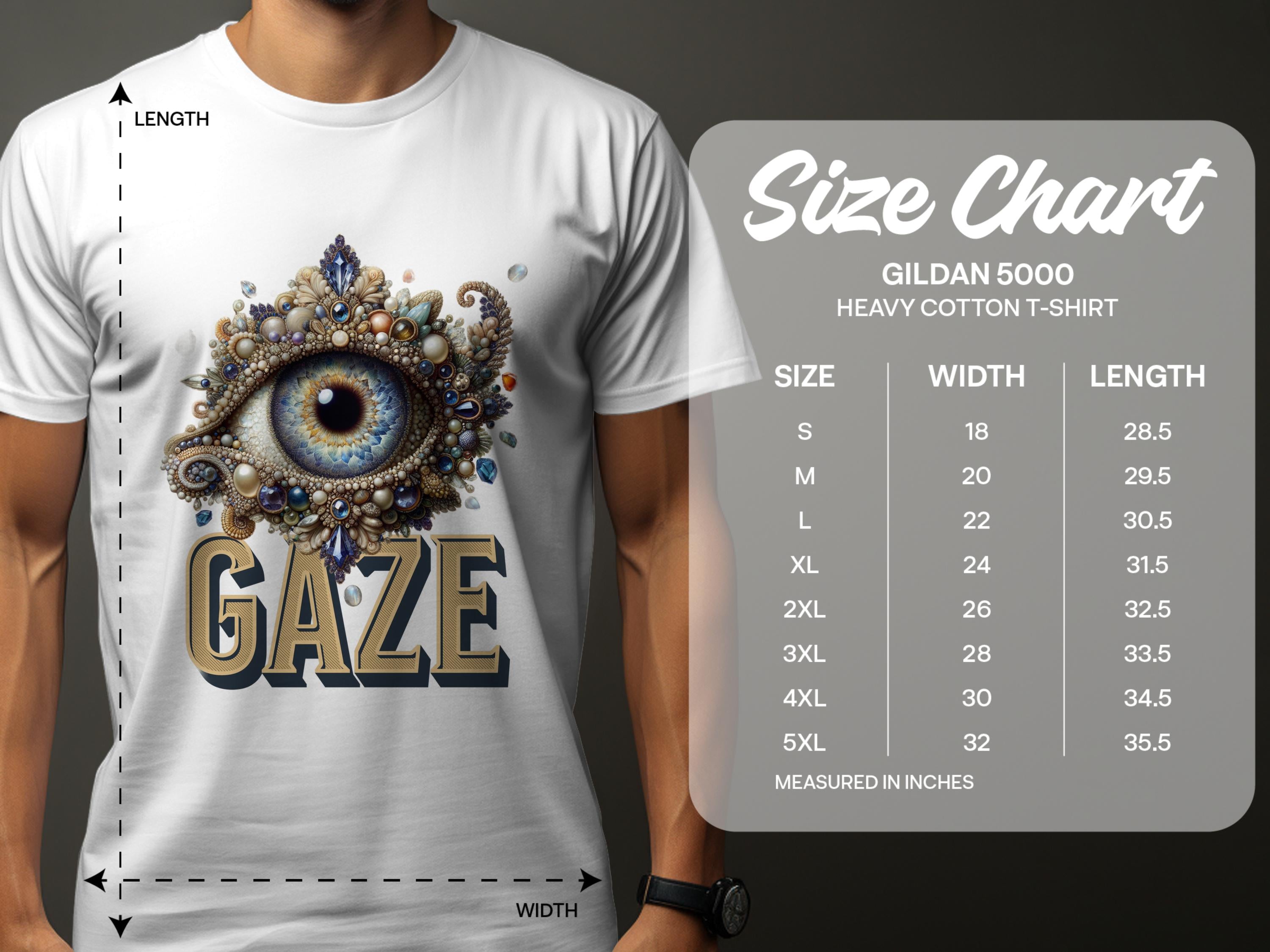 A man wears a classic fit T-shirt by Garment Graphics, showcasing an eye gaze design with ornamental patterns and GAZE text. The size chart for the Gildan 5000 heavy cotton T-shirt lists sizes S to 5XL with measurements in inches.