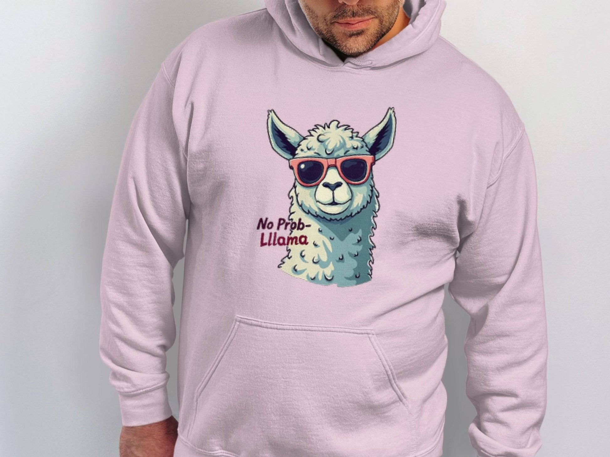 A Garment Graphics classic-fit hoodie features an illustrated llama with funny sunglasses and the text No Prob-Llama on a simple background.