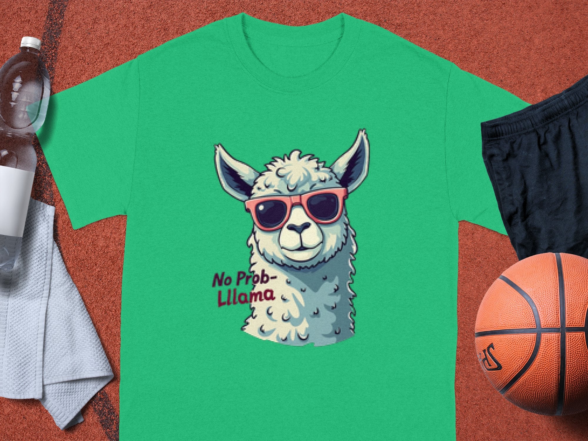 The Garment Graphics green t-shirt features a cartoon llama with red sunglasses and No Prob-Llama text, styled alongside a basketball, black shorts, a water bottle, and a white towel on a textured surface.
