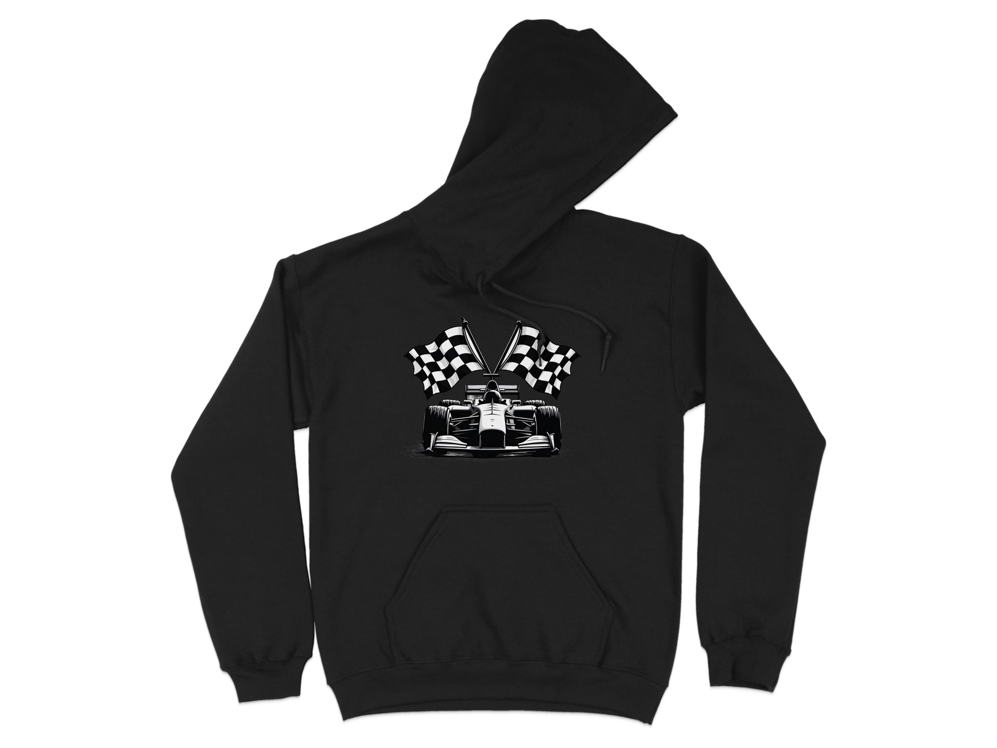 Garment Graphics presents a black hoodie featuring a bold monochrome race car design with checkered flags. It combines racing flair with comfort, boasting a front pocket and drawstring hood.