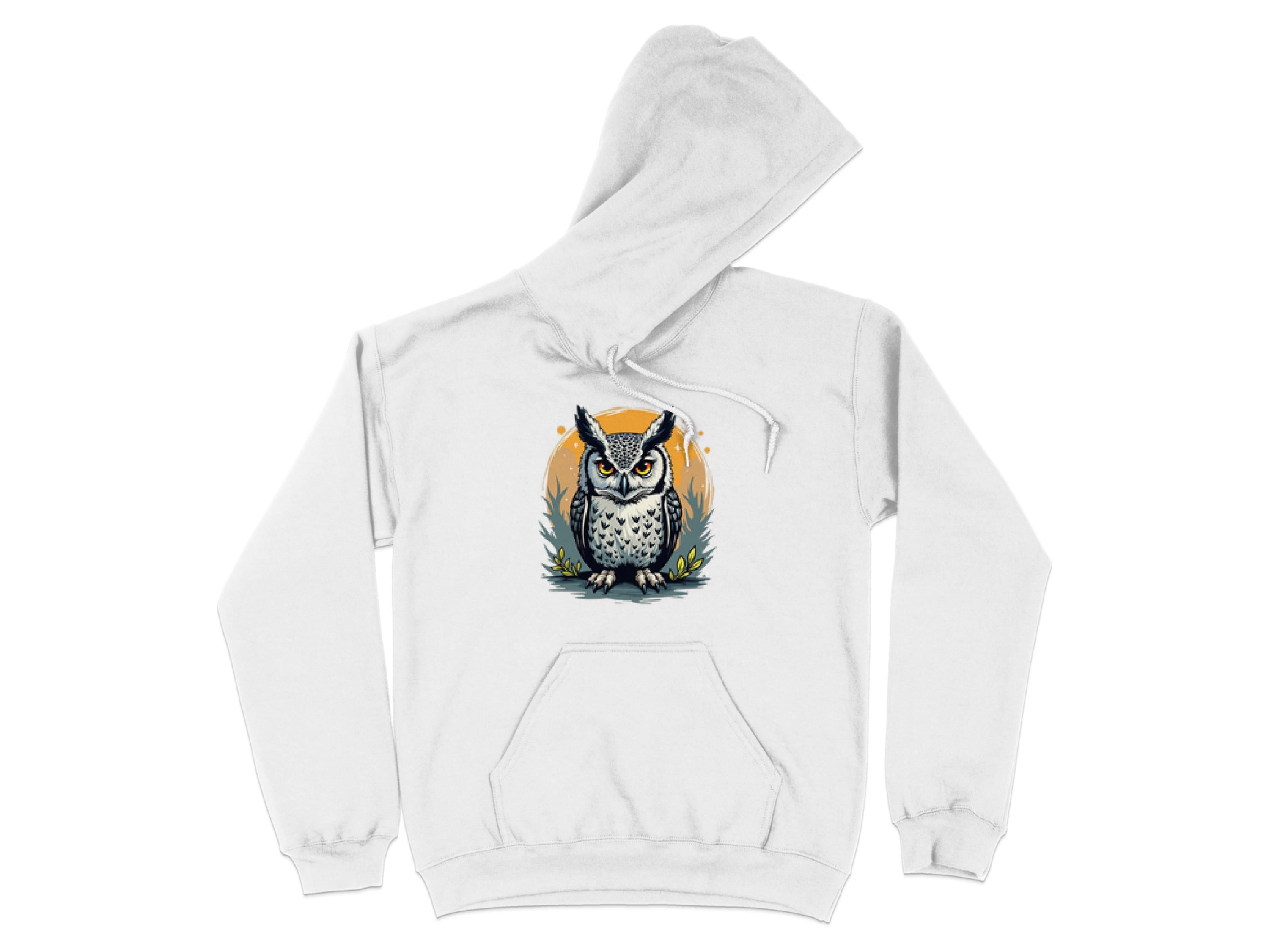 Garment Graphics white classic fit hoodie with an illustrated owl centered on the chest amidst an orange circle and green foliage. The owls feathers display detailed patterns. It features medium-heavy fabric, laid flat with visible hood and drawstrings.
