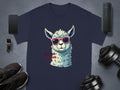 The Garment Graphics navy Llama T-Shirt features a llama in sunglasses with No Prob-Llama next to essentials like a smartphone, smartwatch, speakers, black sneakers, and dumbbells on a gray background. Available in family sizes.