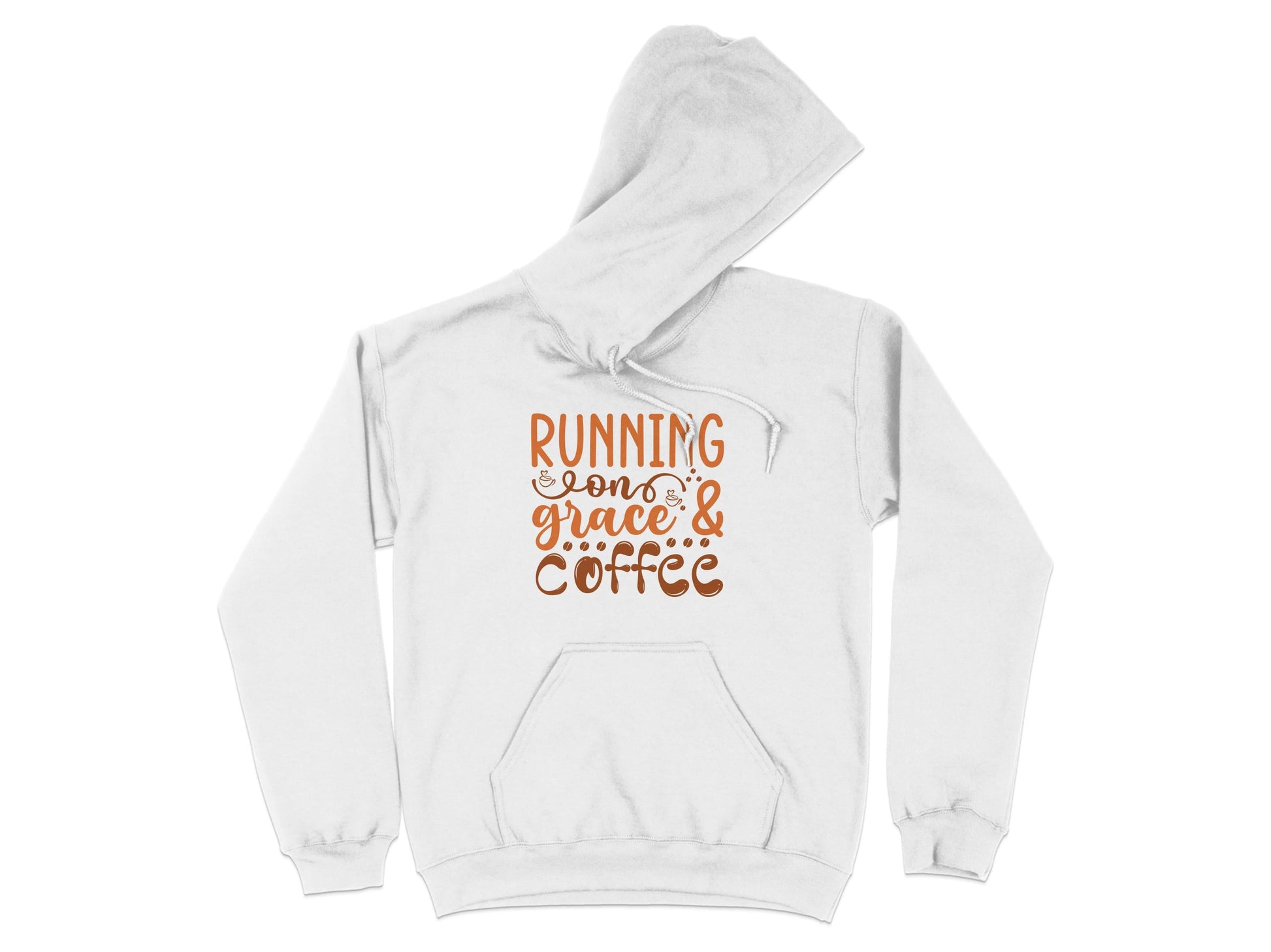 Introducing the Garment Graphics Running on Grace and Coffee Hoodie, featuring a classic fit with medium-heavy fabric. This white hoodie displays Running on grace & coffee in orange and brown italics, complete with an attached hood and front pocket for maximum comfort.